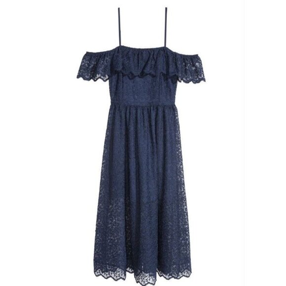 H&M Lace Off Shoulder Midi Dress Navy Blue SIZE 4 Spaghetti Strap Elastic - Picture 3 of 16
